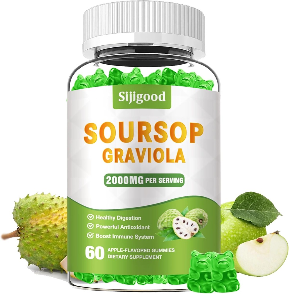 Sugar Free Soursop Graviola Gummies - Organic Soursop Frunze si extract de fructe - Digestive Aid, Immune Support & Antioxidant Properties - 60 Apple Aroma Gummes