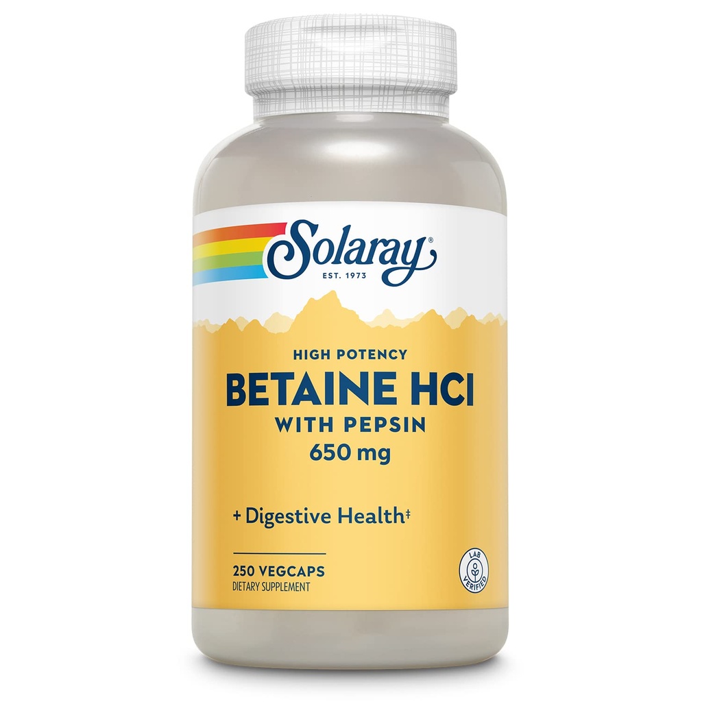 Solaray mare potenta Betaina HCL cu Pepsin - supliment de acid clorhidric pentru sanatate digestiva - cu betaine clorhidrat si enzime digestive - suport de sanatate Gut - 60-Day Guarantee, 250 VegCaps