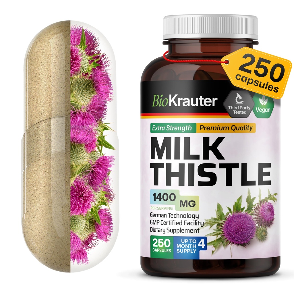 BIO KRAUTER® Milk Thistle Supplement for Liver Cleanse & Detox - Pure Vegan Milk Thistle Extract 1400 mg per Serving Сontains Silymarin - 250 capsule, 125 Days of Supply, Non-GMO