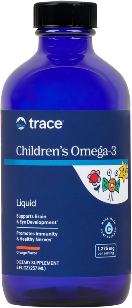 Trace Minerale pentru copii Omega-3 - Suplimentul lichid Susţine funcţia sistemului nervos şi imunitar - Suplimentul de sănătate pentru copii - EPA & DHA susţine dezvoltarea creierului şi ochilor - Orange, 8 fl oz
