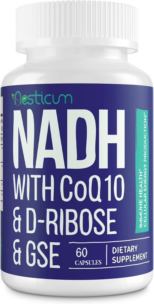 NADH 50mg + CoQ10 200mg + D-Ribose 150mg Supliment, stimularea NAD + Suplimente pentru sistemul imunitar, energie celulară, focalizare, reducerea nicotinamidei Adeninadinucleotidă, 60 Capsule vegetale