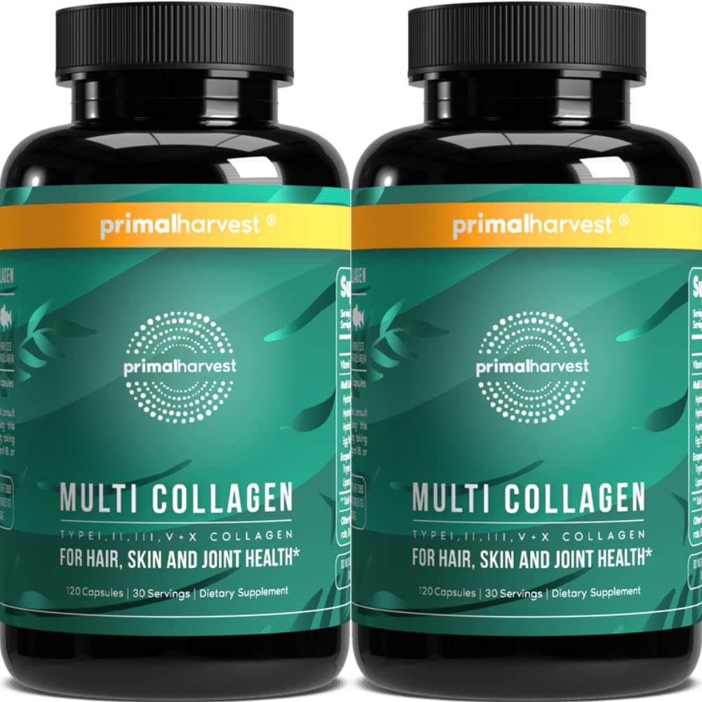 Primal Harvest 2 Pack, Multi Colagen pastile pentru femei si barbati (Tip I, II, III, V, X) Colagen Suplimente pentru femei si barbati, 120 Capsule w/Vitamina C pentru par, piele, unghii Collagen Peptides pastile