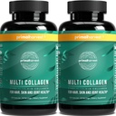 Primal Harvest 2 Pack, Multi Colagen pastile pentru femei si barbati (Tip I, II, III, V, X) Colagen Suplimente pentru femei si barbati, 120 Capsule w/Vitamina C pentru par, piele, unghii Collagen Peptides pastile