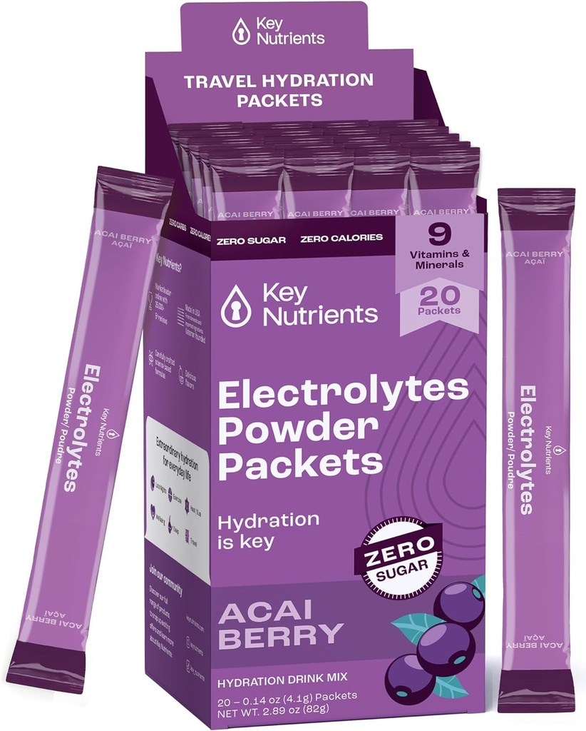 KEY NUTRIENTS Multivitamine Electroliti Pachete cu pulbere - Delicious Acai Berry 20 Pachete de hidratare - Praf de hidratare de calatorie - Fara zahar, fara calorii, Gluten Free - Made in USA