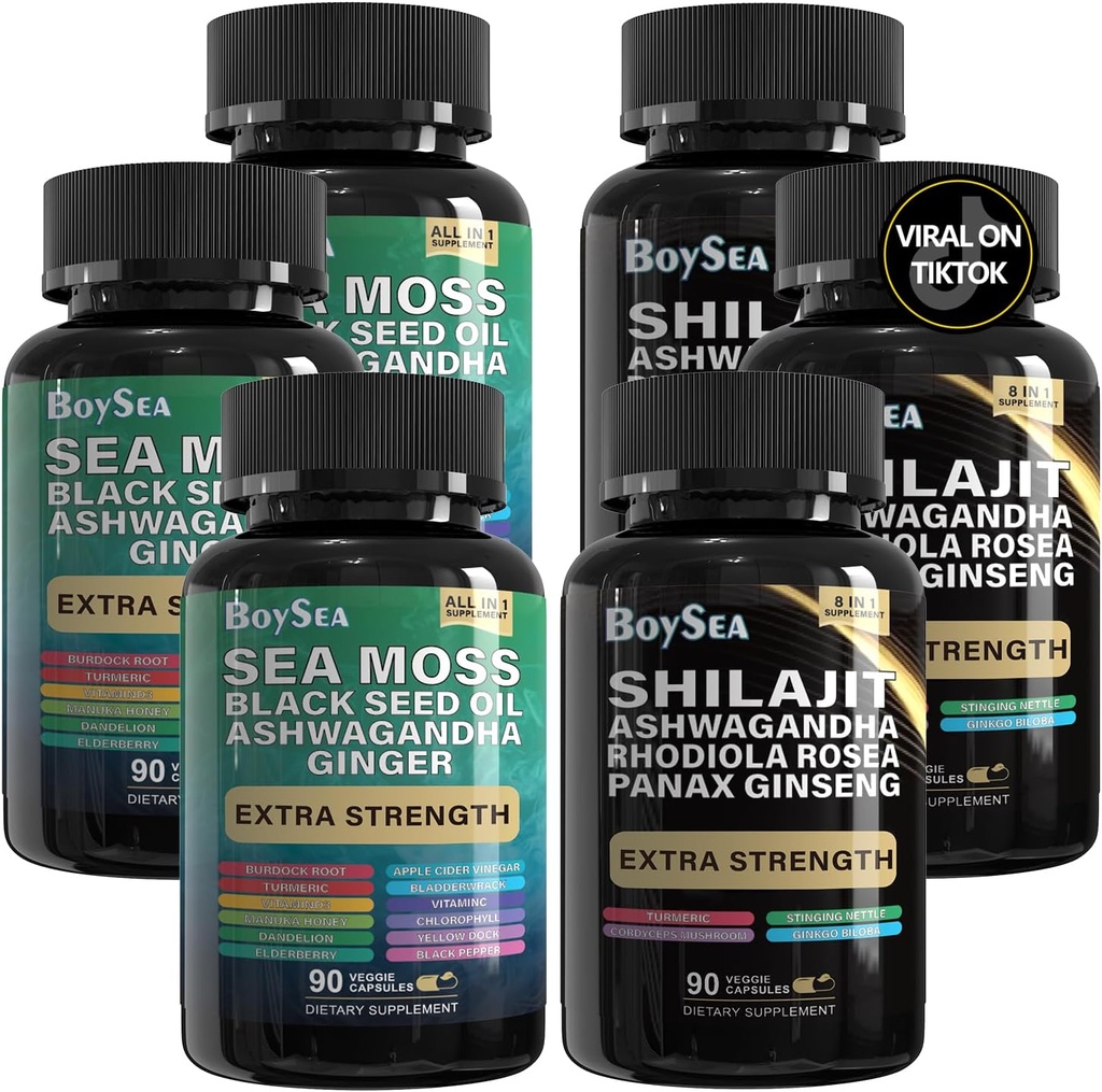 Boysea. Shilajit și Sea Moss Bundle- 90 Count - Sea Moss, Black Seed Oil, Ashwagandha, Ginger & Shilaj, Rhodiola Rosea, Toate în 1 Suplimente (3 Pc)