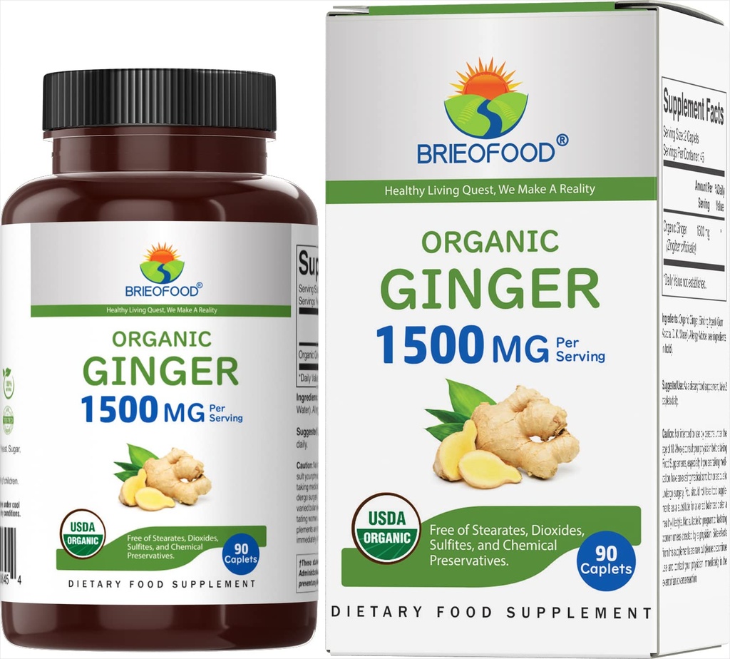 Brieofood Organic Ginger 1500mg, 45 Servings, vegetarian, Gluten Free, 90 comprimate vegetariane