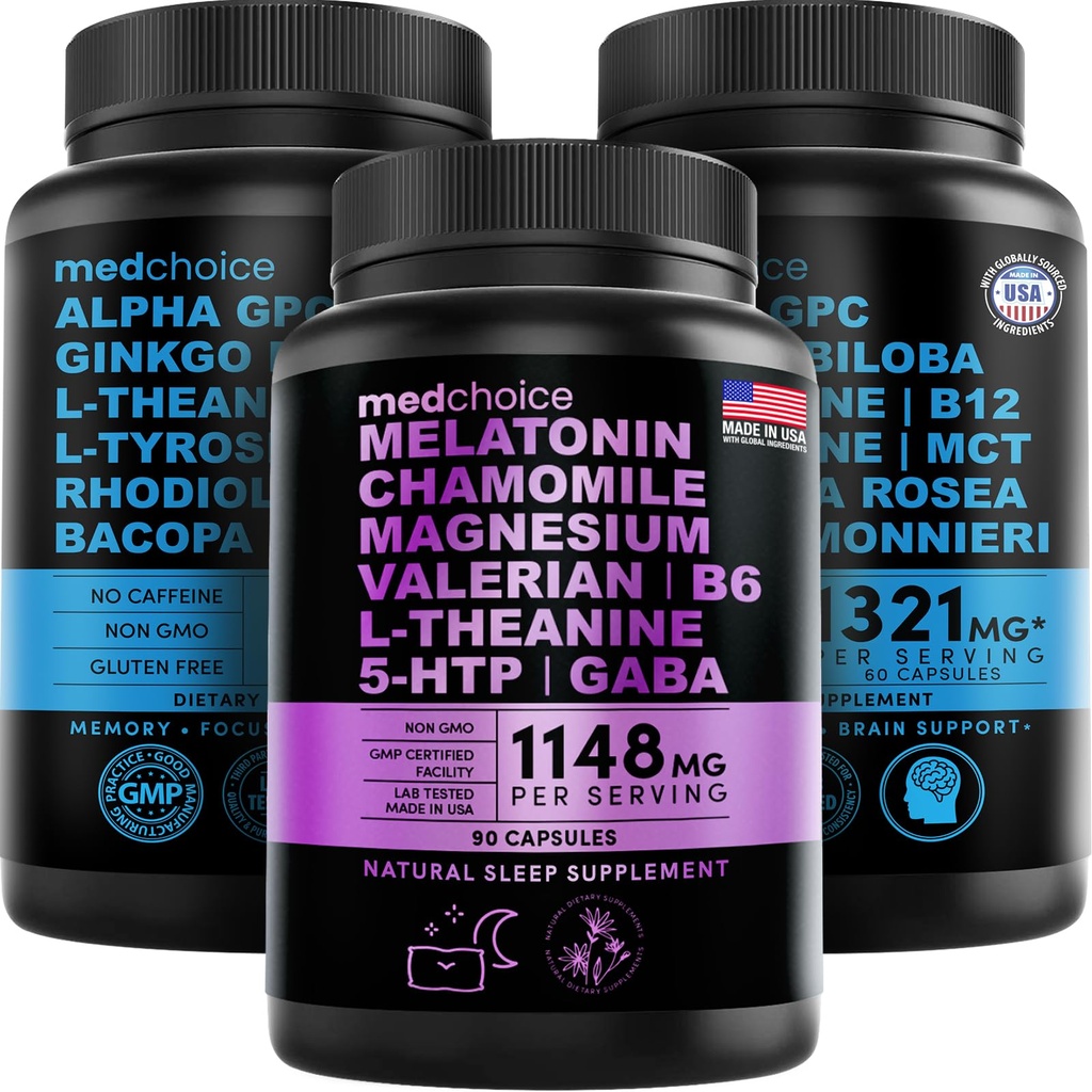 MEDCHOICE Melatonina de somn (90ct) și Nootrop Brain (120ct) Supliment Bundle - Wellness Duo pentru somn, creier, Focus, & Mood Support - Vegan, Non-GMO, Gluten-Free