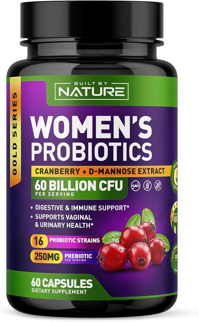 Probiotice pentru femei - 60 miliarde CFU, 16 tulpini, cu cranberry, D-Mannose & Prebiotice - Suporturi Digestive, Immune, & Vaginale Sănătate - non-GMO, Dairy & Gluten-Free - 60 Capsule vegetale