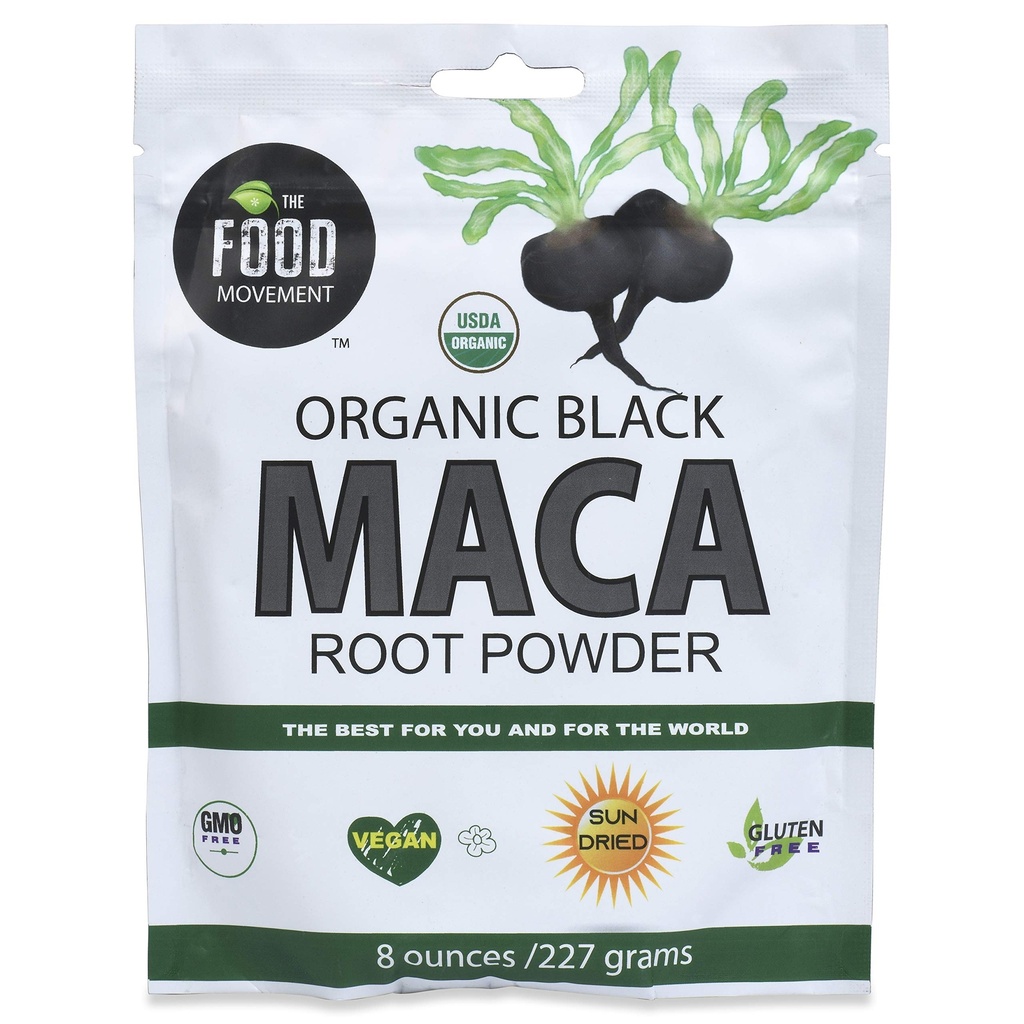 Food Movement Co. Black Maca 8 oz Raw Food Powder - Organic, Non-GMO, Vegan, Gluten Free- Black Maca Root Supplement for Whole Body Wellness