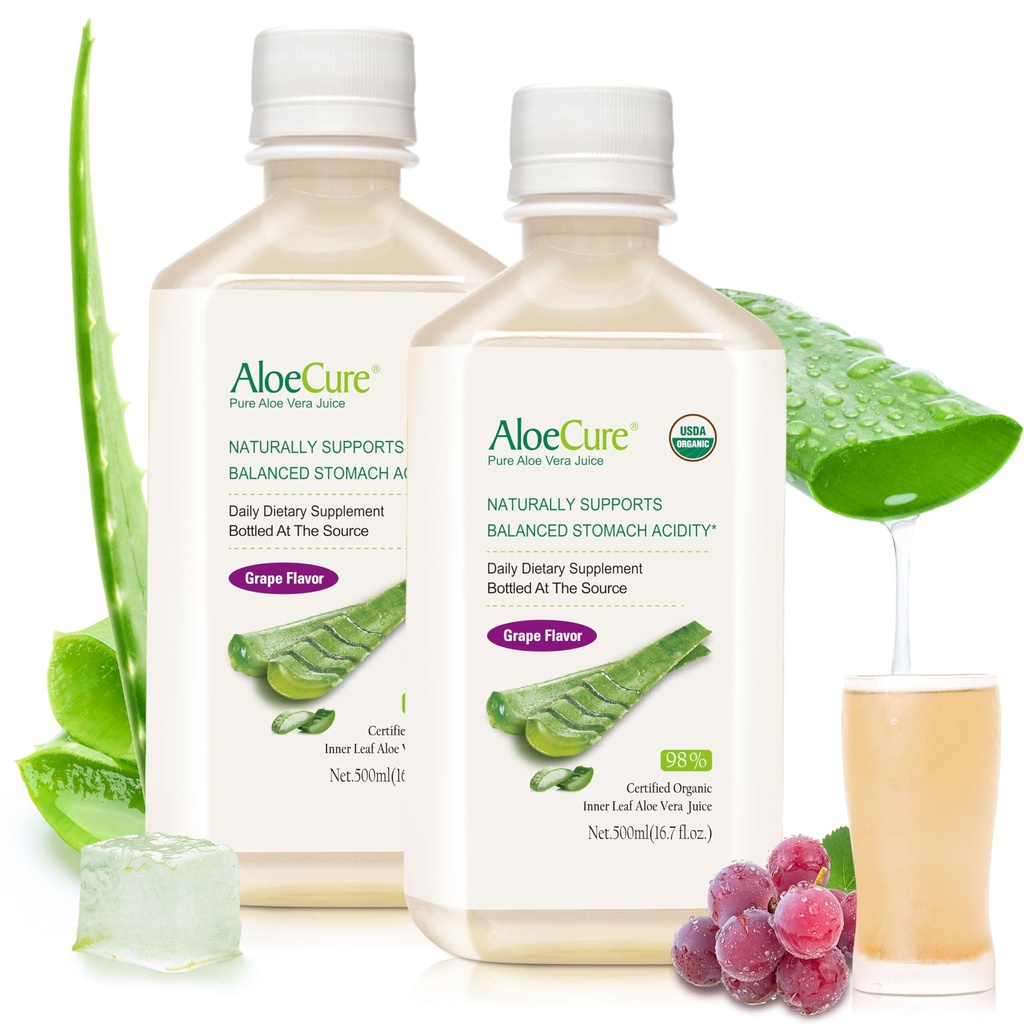 AloeCure USDA Organic Aloe Vera Juice Aroma de struguri, realizate în termen de 12 ore de la recoltare - Aloe Vera pură Digestive & Immune Health Supplement, ajută la menținerea echilibrului aciditatea stomacului, 16.7oz x 2 Btls