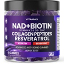 NAD+, Resveratrol, Berberine, & Biotin Anti-Aging Gummy - Hair, Piele, Nails & Supliment comun - Colagen Peptides, Keratina, Zinc, Vitamina K2 & D3 Gumies -Regenerare- non-GMO - Made in USA 60 Count