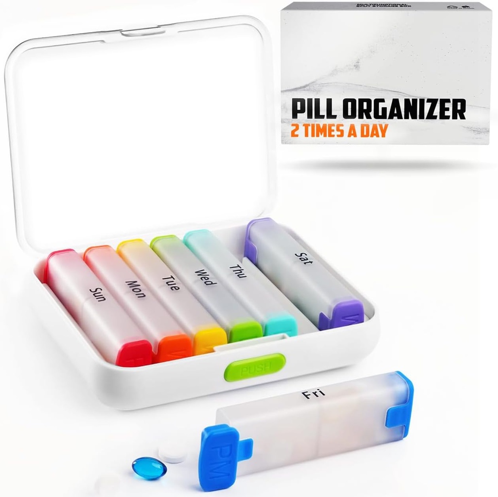 BEXEEN Weekly Pill Organizator 2 ori pe zi - Pilula cutie 7 Ziua Pm - Medicina de călătorie Organizator de două ori pe zi Deținătorul de vitamine Supliment portabil Case Săptămâna Morning Night Dispenser Med Container detaşabil