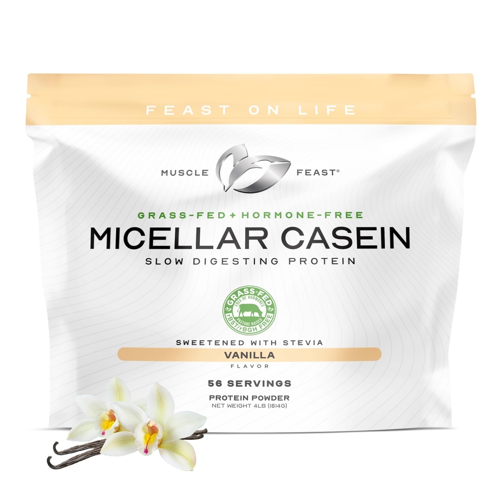 Muscle Feast Grass Fed Micellar Casein Proteine Pulbere, Pasture Crescute & Hormone Gratuite, Slow Digesting Casein Proteina - Sprijină Overnight Recovery musculare, Gluten gratuit Proteina pulbere - Vanilie, 4lb