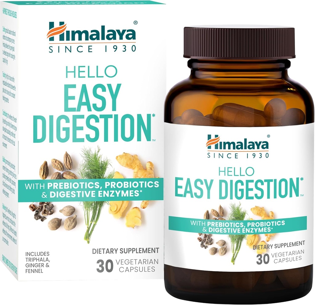 Himalaya Hello Easy Digestion, Enzime digestive cu 2 miliarde CFU Probiotice şi Prebiotice, Plus 100 mg Herbal Digestive Support cu Ginger, Fennel & Triphala, 30 capsule vegetariene