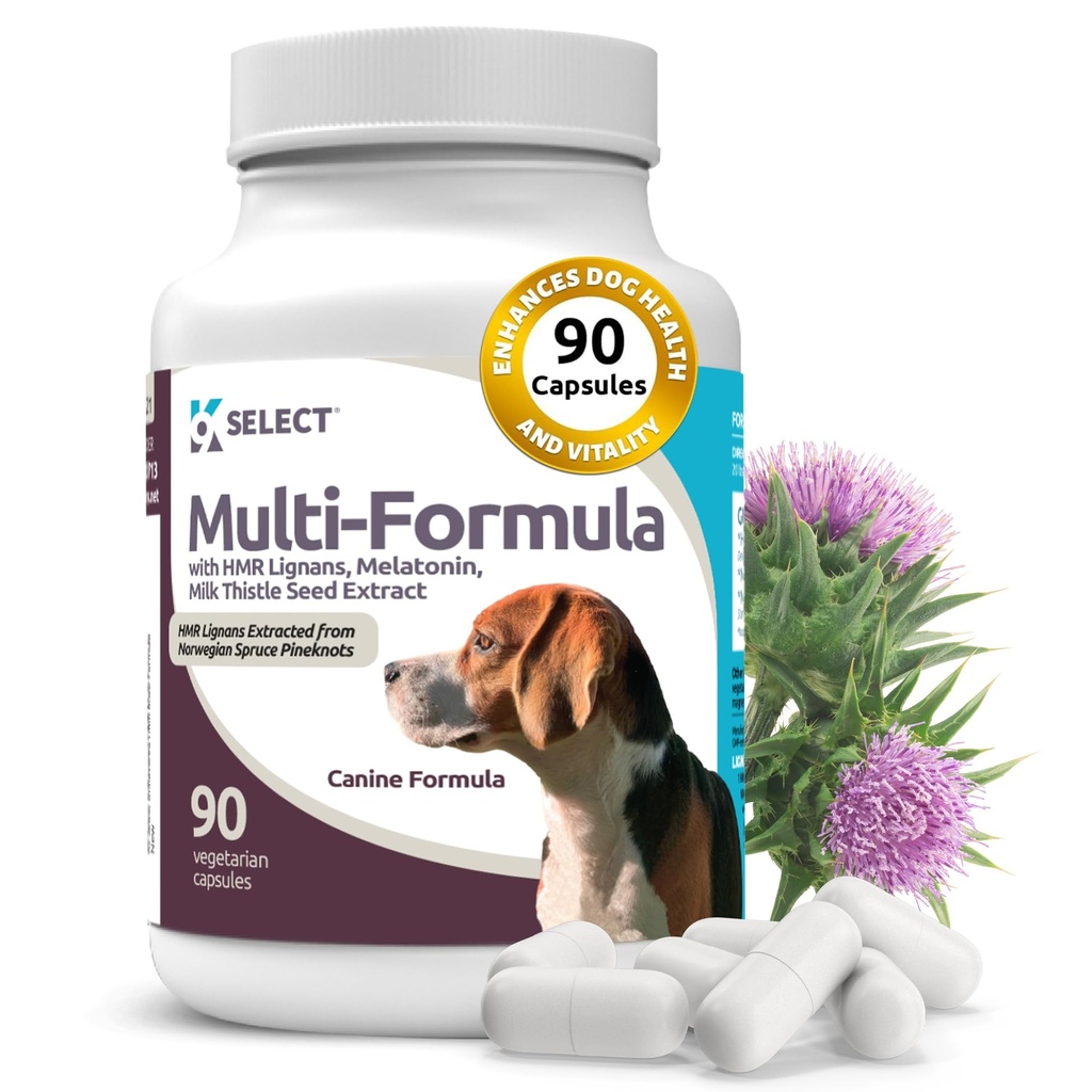 K9 Selectaţi vitamine multi-Formula câine pentru câini de talie medie - 20mg HMR Lignans, 2mg Melatonina, 40mg Milk Thistle - Helps Heart, Ficat, Digestion & Coat Health, câine Multivitamine, 90 capsule
