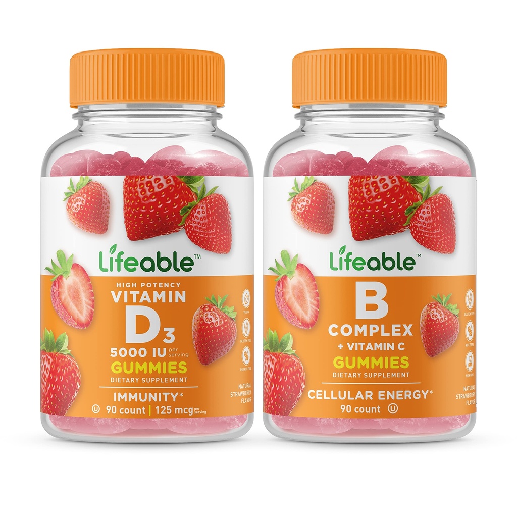 Vitamină vie D 5000 UI + B Complex, Gummie Bundle - Mare Tasting, Supliment de vitamine, Gluten gratuit, OMG gratuit, Gummy masticabil