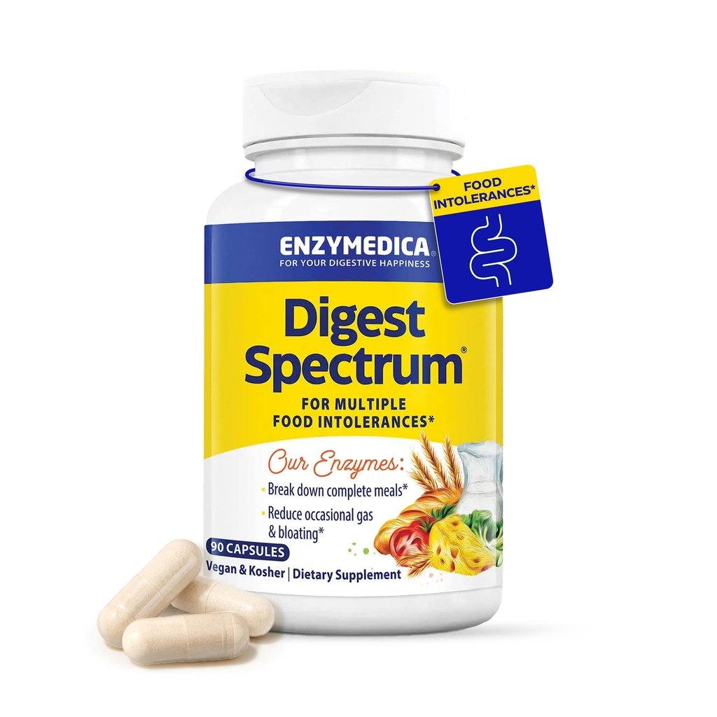 Enzymedica Digest Spectrum, Advanced Digestive Enzime pentru Femei și Bărbați, Sprijină Digestia și Intoleranțe Multiple Alimente, Formula Rapid-Acționare pentru Gaz și Ajutor Blooting, 90 Capsule