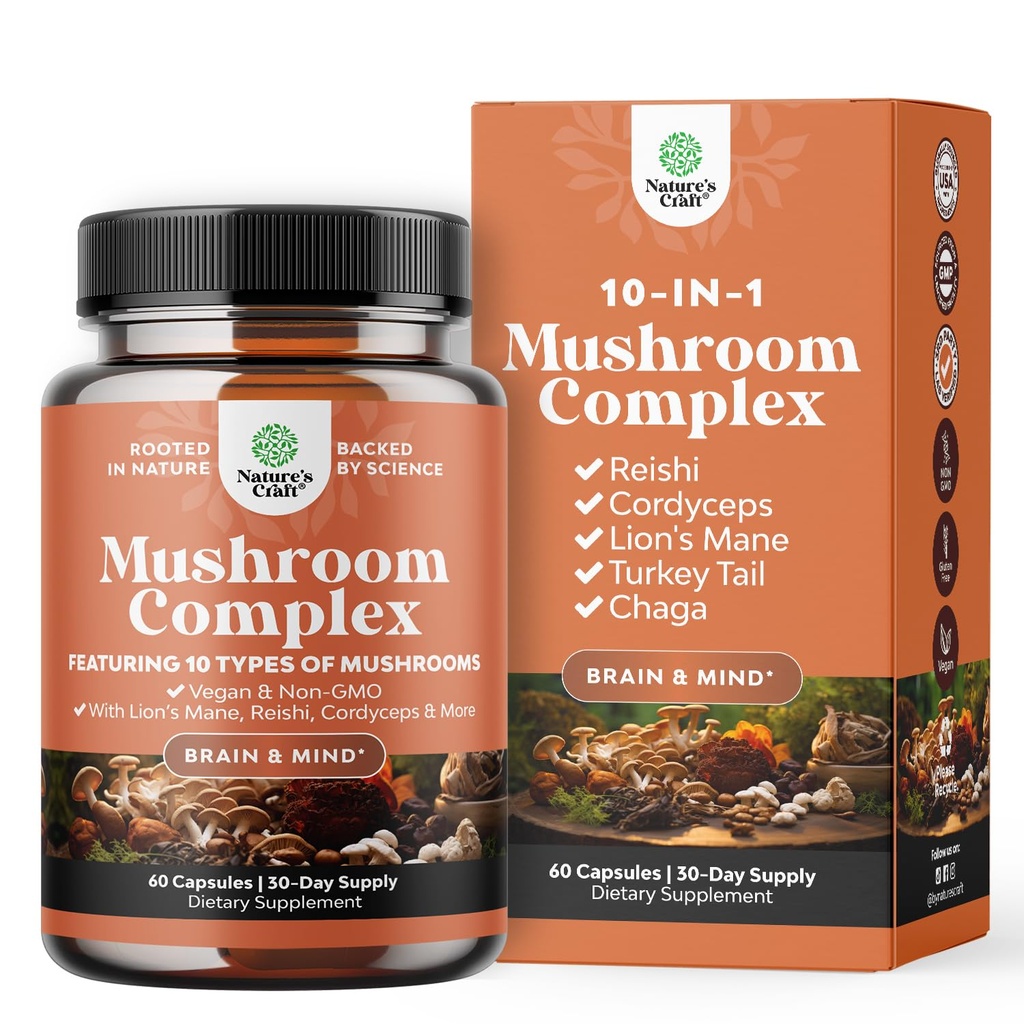 Capsule complexe de ciuperci avansate - 10X Lions Mane Supliment capsule cu Reishi, Chaga, Maitake & Shiitake pentru Brain Health Memory Support & Focus - Nootrop pentru Claritatea Mintala - 60 Caps
