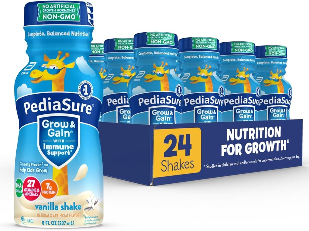 PediaSure Grow & Gain with Immune Support, 27 Vitamine & Minerale pentru copii, 7g Proteine, Non-GMO, Gluten-Free, Vanilie, Sticla 8-fl-oz, Pachet de 24