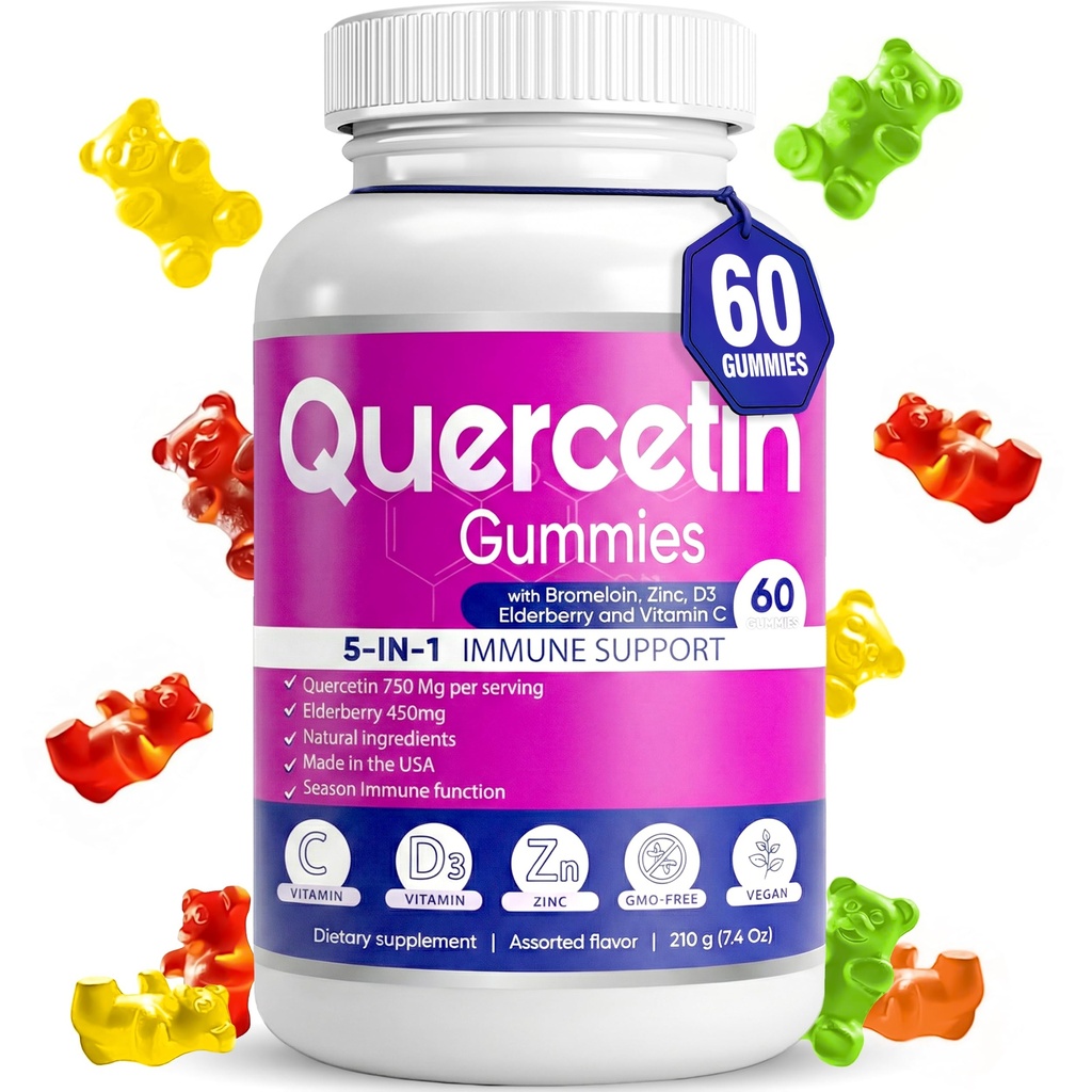 Querbetin Gummies by BioVitalica - Querbetin with Bromelain Vitamina C and Zinc & Elderberry + Vitamina D3-5 in 1 Immune Support - Zinc Querbetin 750 mg for Kids and Adulți (1)
