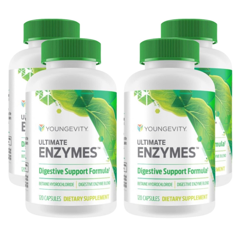 Youngevity Ultimate Enzimes® - Multizymes for Digestion, Gas & Bloating Relief - Betaine HCl, Ox Bile, Pancreatine 10X, Papain 6M, Pepsin 1:3000 (120 capsule - 4 ambalaje)