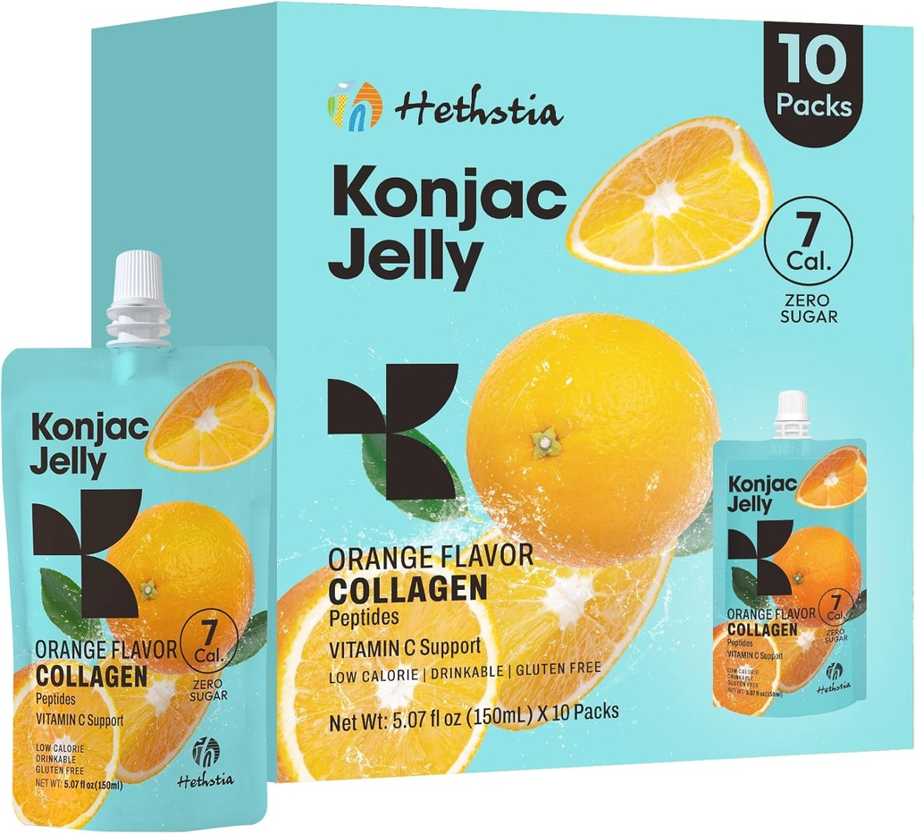 Hethstia Orange Konjac Jelly cu Colagen Peptides, 10 pungi de fructe Jelly Snacks, Jelly Low-Calorie Drinkable cu vitamina C, Zahar-Free, Keto, Gluten-Free, On-The-Go Snacks Light