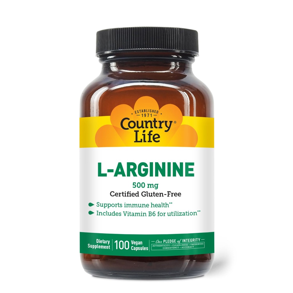 Country Life L-Arginine Caps cu vitamina B-6, 500mg, 100 capsule Vegan, Certified Gluten Free, Certified Vegan