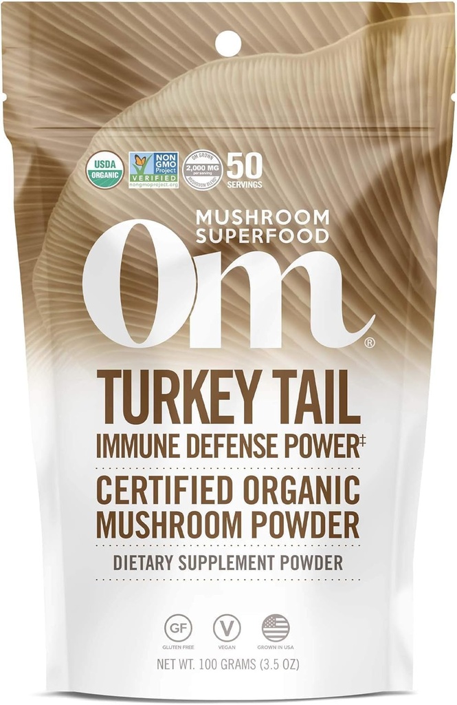 Om Mushroom Superfood Turcia Tail Organic Mushroom Powder, 3.5 Ounce, 50 Serviri, Suport Immun, Polysachhrides, Beta-Glucans, Gut Health & Holistic Defense Mushroom Supliment