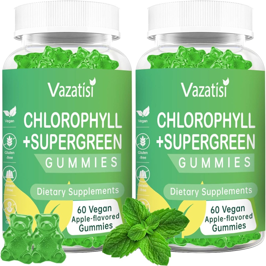 2 Pack Gumies Clorofill cu supergreen-uri organice, Antioxidant natural, Boost de energie, Suport Immun, Digestion, Îngrijirea pielii, Femei & Bărbați, Adult & Kid - 120 Vegane Gummies organice