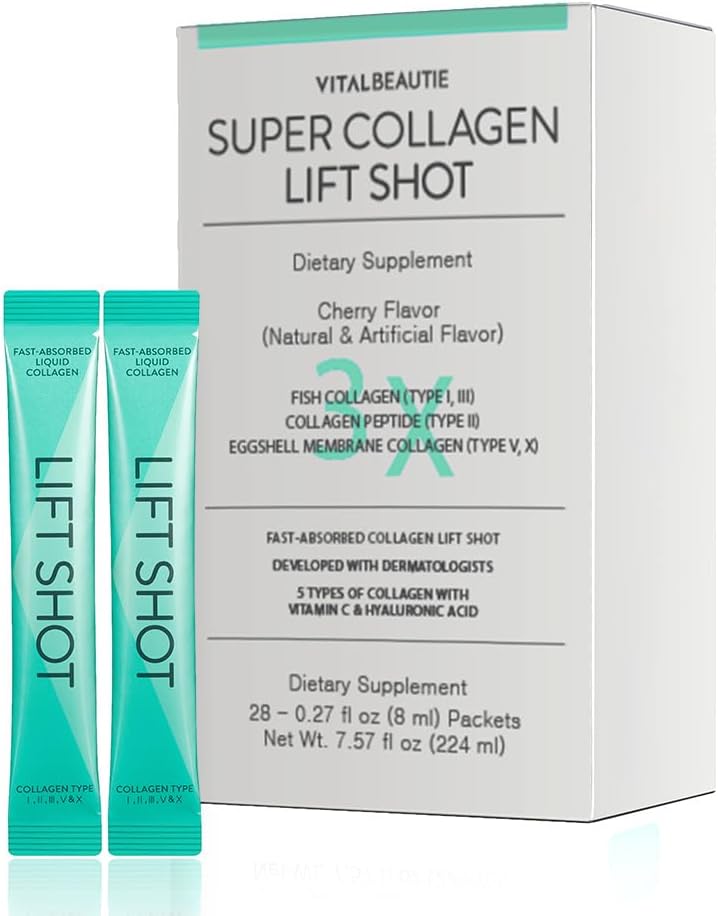 VITALBEAUTIE lichid Collgen pentru femei, Supercollagen Lift Shot - Premium Multi Colagens Peptides Tip I, II, III, V, X 1500mg cu Hyaluronic, Vitamina C, tert Party Certified, High Absorbtion