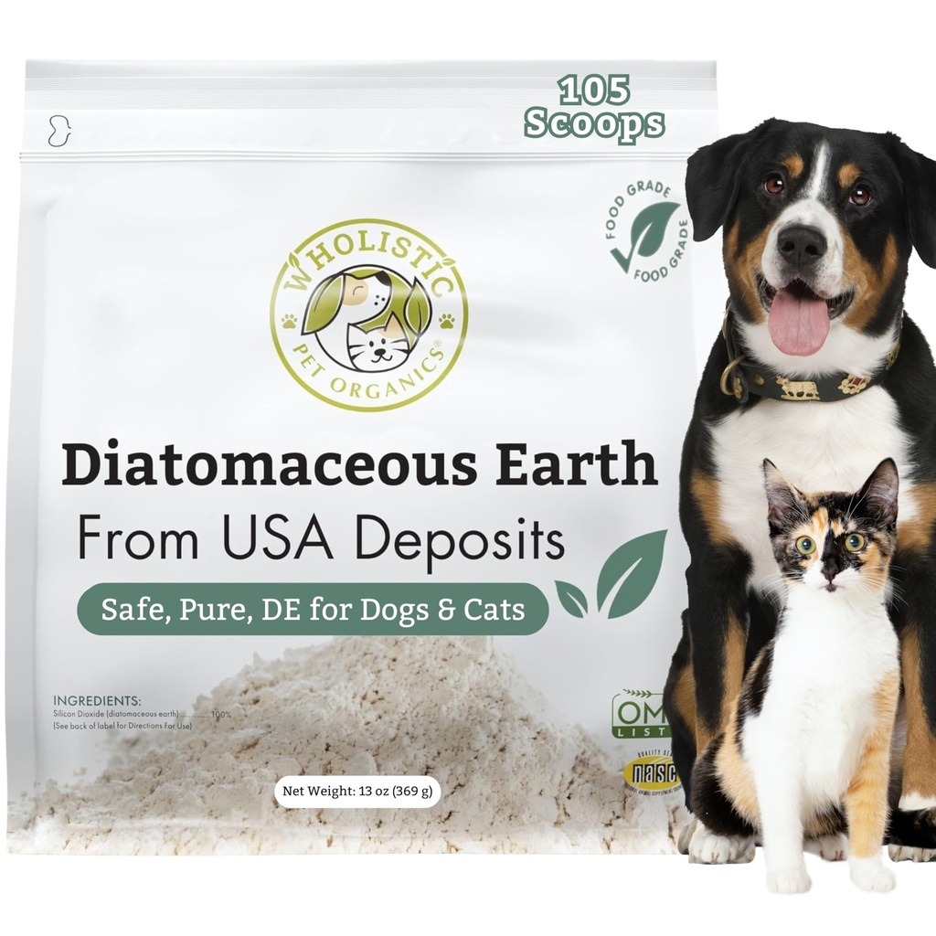 Wholistic Pet Organics Diatomacee Earth - Gradul alimentar pentru câini și pisici - 13 Oz - Multi Use Powder - Pet Safe non-Chemicale de apă dulce Supporturi de apă dulce Sănătate generală - Proaspăt fabricate în SUA