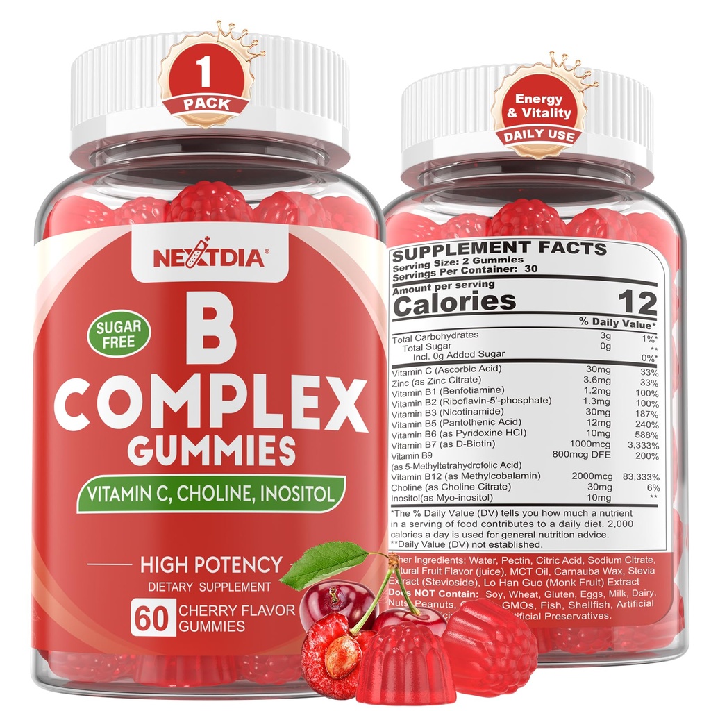 Vitamina B Complex Gummies, Vegan Vitamina B Gumies cu 2000 mcg metil B12, metil Folate 