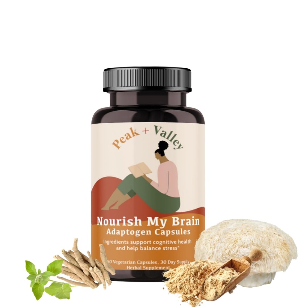 Vârf + Valea Nootrop Brain Supplement pentru Memorie & Focus cu Lion Mane Mushroom & Ashwagandha - 60 CT Adaptogen Capsule - Adulți/Seniori - Cognitive, Brain Fog, Formula energetică