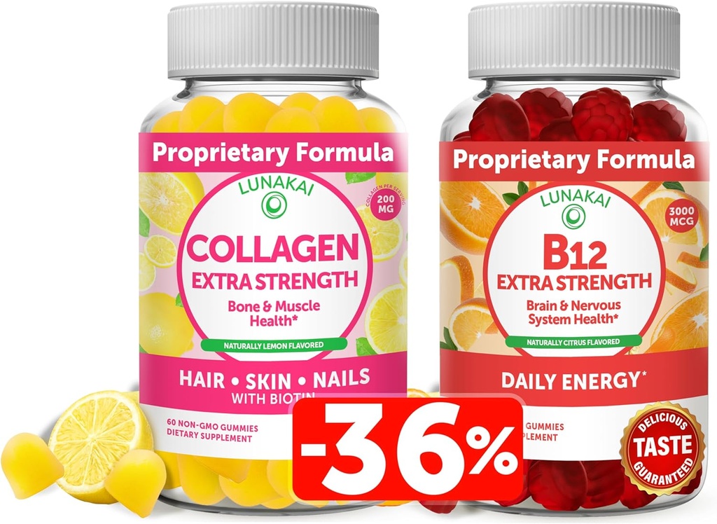 Lunakai Colagen & Biotin Gummies Bundle - Vitamine pentru păr, piele și aspect tineresc - Suplimente de proteine non-GMO anti-îmbătrânire pentru bărbați și femei - 30 zile de aprovizionare