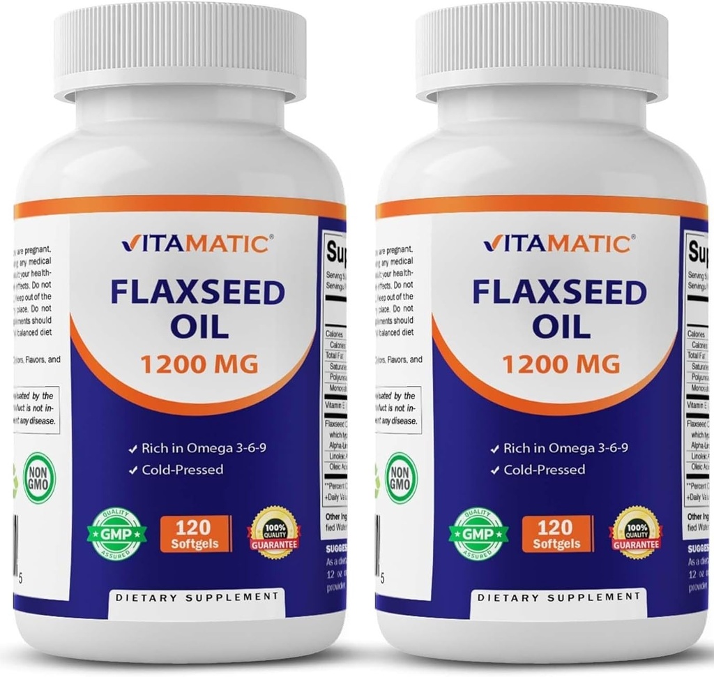 Vitamatic 2 Pack Seed Oil 1200mg 120 de la rece presat Seminte de in - 675 mg de ALA Omega 3 Acidi grasi pentru imbunatatirea sanatatii inimii