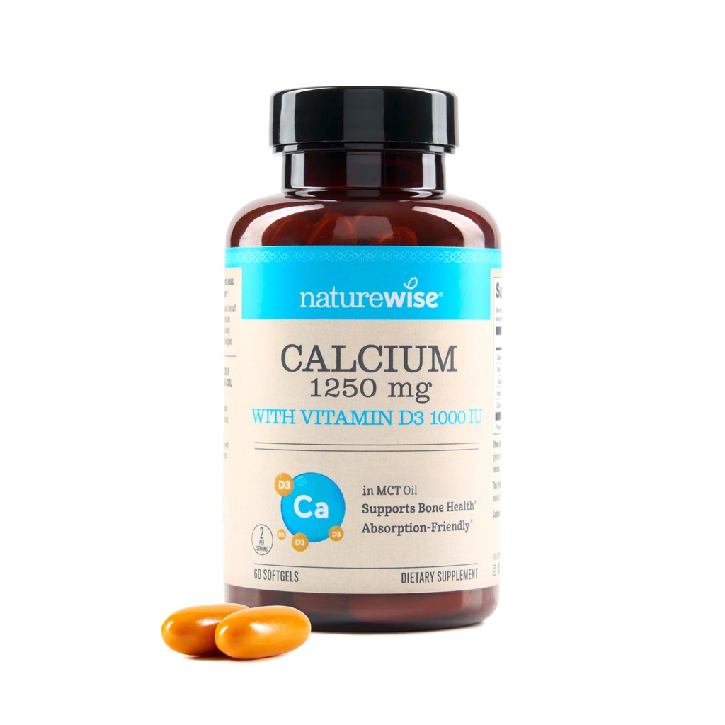 NatureWise High-Purity, All-Natural Calciu 1250mg + Vitamina D3 1000UI + Organic MCT Ulei de cocos - Sarcina sigur + non-GMO - Absorbție prietenos, Gluten gratuit - 60 Softgels[30-Day Supply]