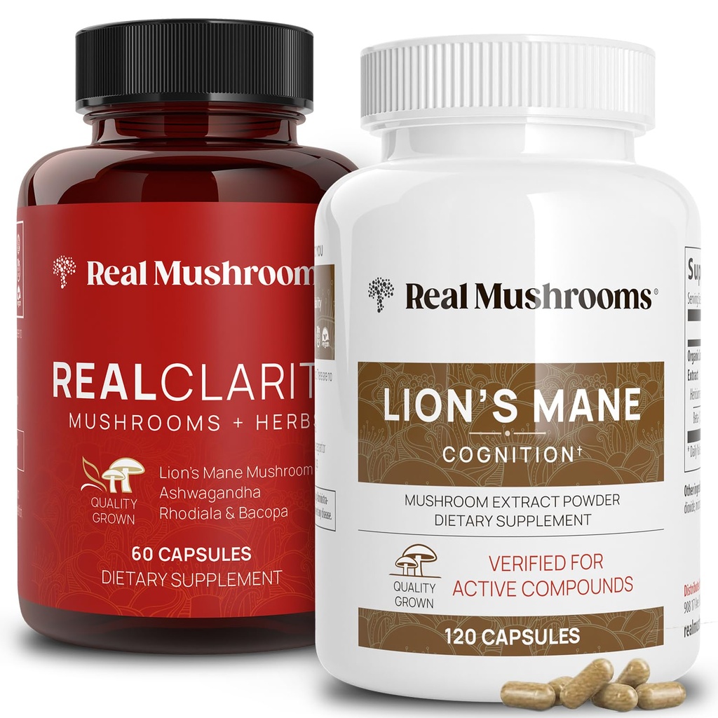 Ciuperci reale RealClarity (60ct) și Lions Mane (120ct) Capsule Bundle - supliment de ciuperci pentru sănătatea creierului, Claritatea mintală, Focus, Cogniție și suport imunitar - Vitamine Brain w/Ashwagandha