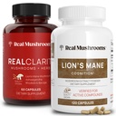 Ciuperci reale RealClarity (60ct) și Lions Mane (120ct) Capsule Bundle - supliment de ciuperci pentru sănătatea creierului, Claritatea mintală, Focus, Cogniție și suport imunitar - Vitamine Brain w/Ashwagandha