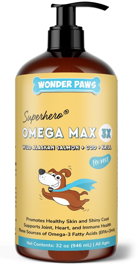 Wonder Paws ulei de pește pentru câini - Omega 3 pentru câini de la Alaskan Salmon, Cod și ulei Krill - EPA DHA acizi grași - Mai puțin de topire și mâncărime - Piele, comun, Imun și inima de sănătate - Supliment lichid (32 oz)