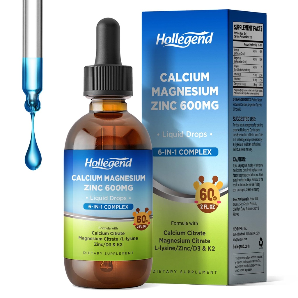 Picături de citrat de calciu lichid cu L-Lysine 500mg, Magneziu & Zinc, Citrat de calciu 600mg Supliment cu vitamina D3 & K2 pentru copii și adulți, 2 Fl Oz