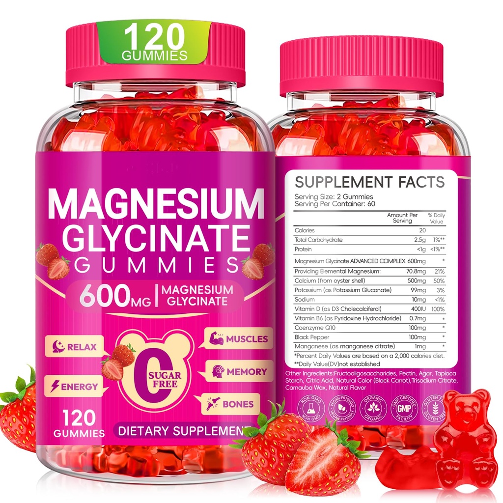 Magneziu Glycinate Gumries 600mg, Gume de magneziu de zahăr masticabile liber de potasiu cu glicinat de magneziu, vitamina D, B6 și CoQ10 pentru somn, relaxare, creier și mușchi, 60 zile de aprovizionare