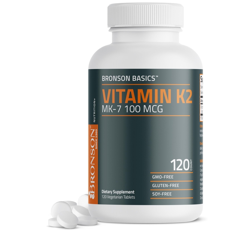 Bronson Vitamina K2 MK-7 100 MCG, K2 ca MK7 Menachinonă, suport osos non-GMO, 120 comprimate