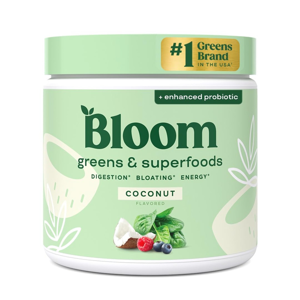 Bloom Nutriție Superfood Greens Pulbere, Enzime digestive cu Probiotice și Prebiotice, Sanatate Gut, Ajutor Blooting pentru femei, Chlorella, Green Juice Mix cu Root Powder, 30 SVG, Nucă de cocos