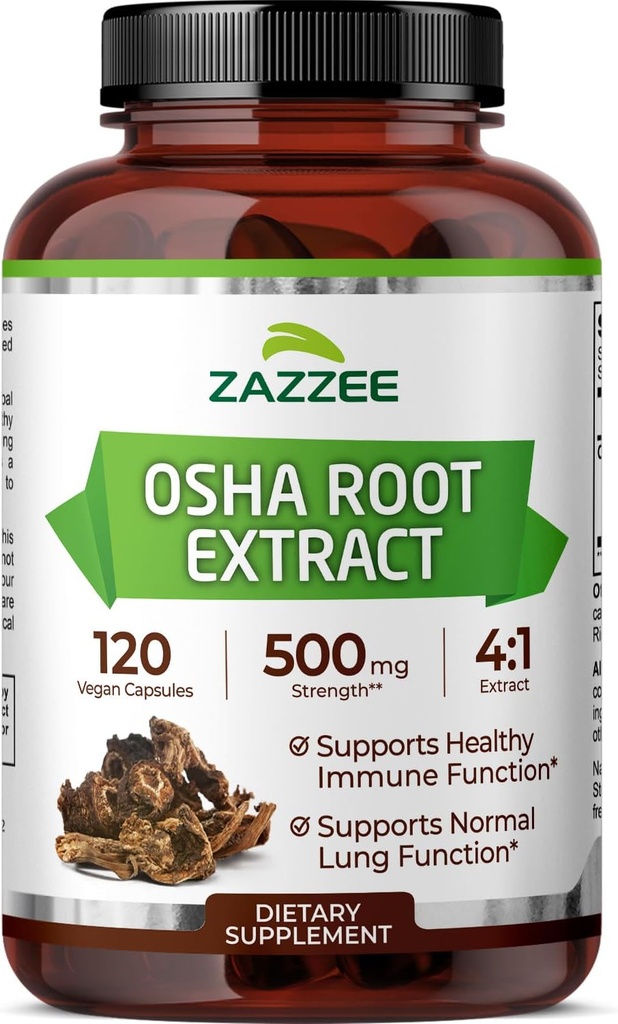 Zazzee OSHA Root 4:1 Extract, 500 mg Putere, 120 capsule Vegan, 4 luni de aprovizionare, concentrat și standardizate 4X extract, 100% Vegetarian, Ligusticum porteri, All-Natural și non-GMO