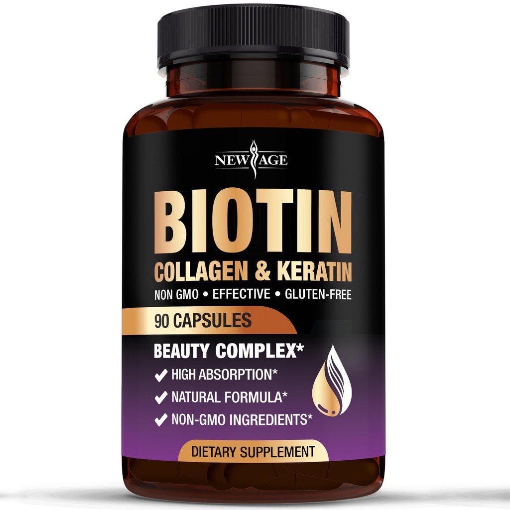 NOU AGE Biotin Colagen Keratin Acid hialuronic - 50.000mcg Vitamine de crestere a parului pentru barbati si femei, unghii, par, vitamine din piele si DHT Blocker cu vitamina E acid folic seminte de dovleac MSM - 90 Conte