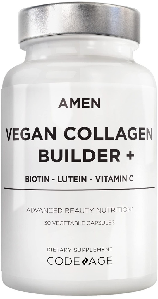 Amen Plant-Based Vegan Colagen Builder Supliment - Alimente organice întregi, Lutein, Vitamina C, Biotin, Lysine, Proline Colagen Boosters - Organic Cranberry, Lemon, Căpșuni - O dată pe zi - 30 capsule