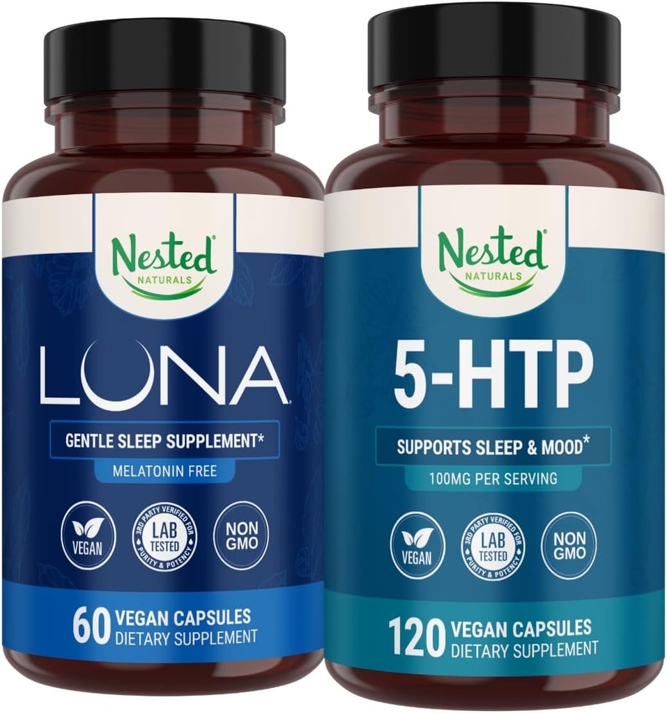 Naturals Nested Luna Melatonin-gratuit de somn Supliment (60 capsule Vegan) & 5-HTP 100mg (120 capsule Vegan) pentru o mai bună somn, relaxare și stare de spirit