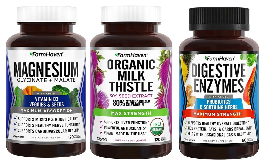 FarmHaven Magneziu Glicinate & Malate + Mulgemi de lapte + Enzime digestive cu Probiotice