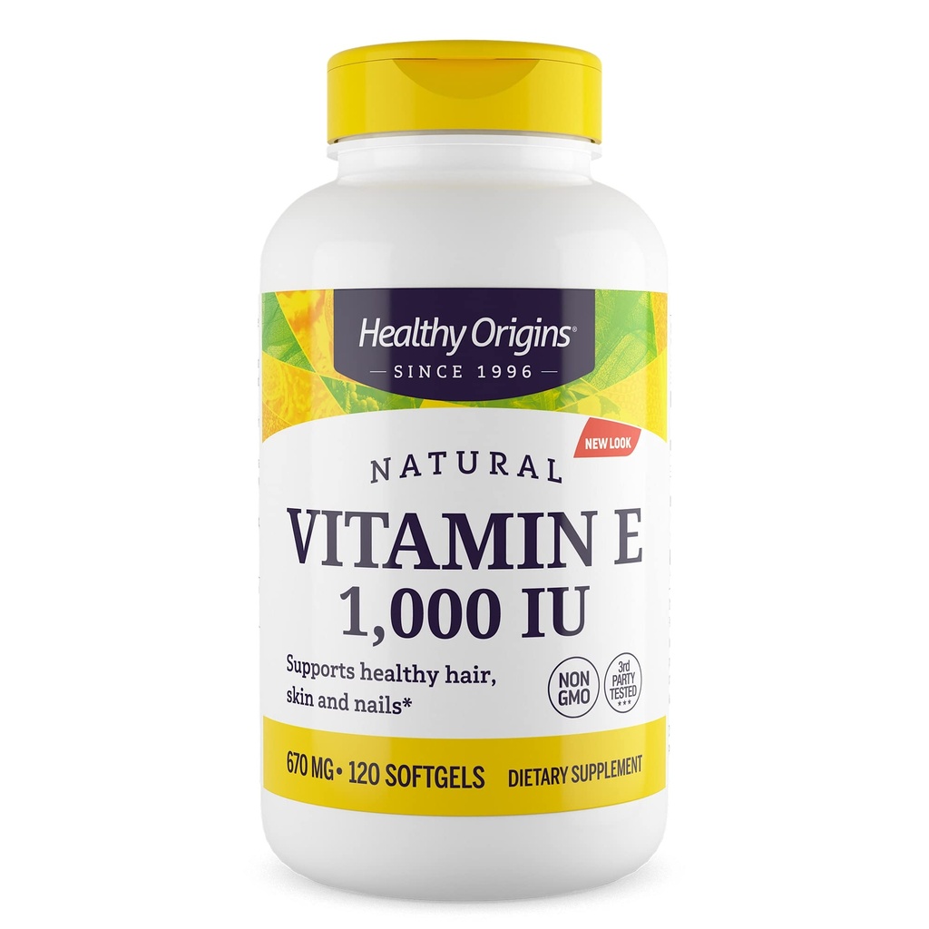 Origini sănătoase Vitamina E, 1000 UI (naturale) Tocopheroluri mixte - Suplimentul vitamina E - Pielea gluten-fără GMO, Vitamina parului si unghiilor - 120 Softgels