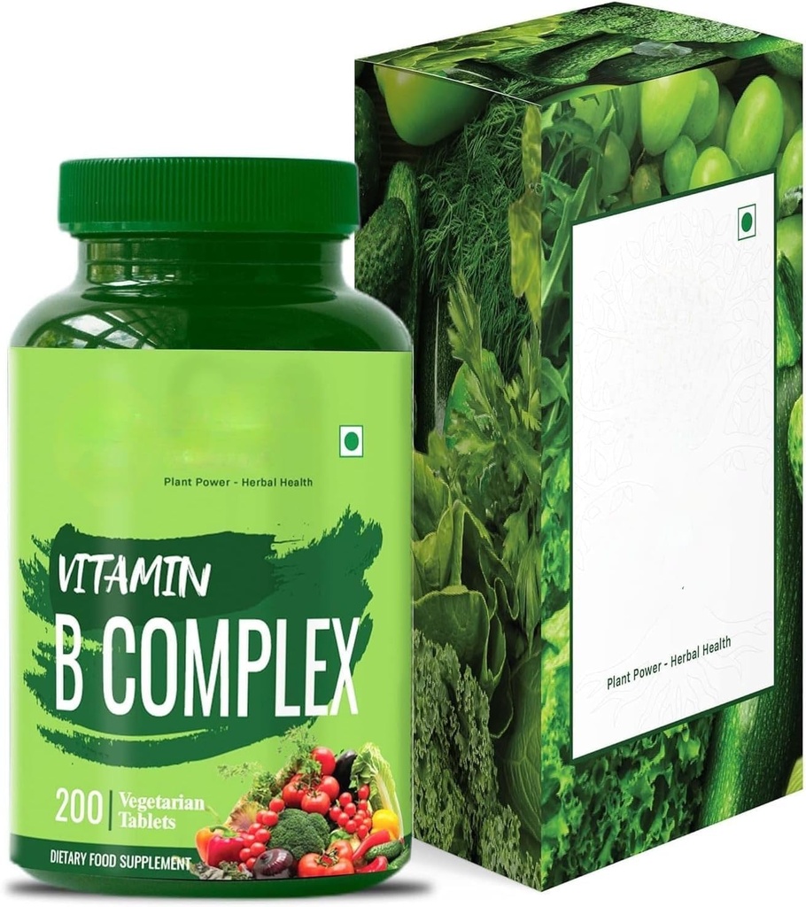 Complex de vitamine B 100% RDA - 200 comprimate/capsule - B Suplimentul de vitamine (B1, B2, B3, B5, B6, B7, B9, B12), Verde